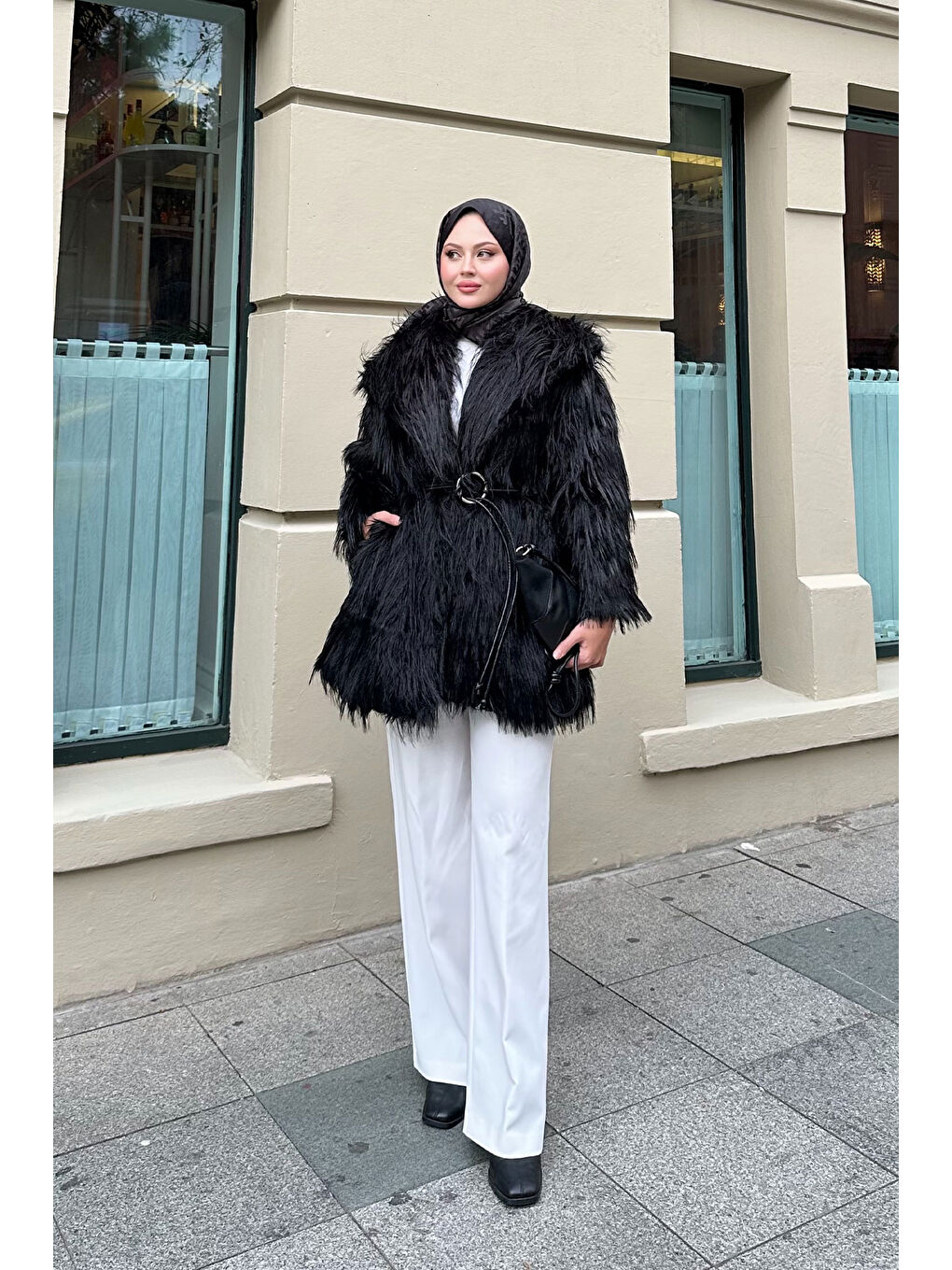 Kadın Halka Kemer Detay Kaban Siyah-1