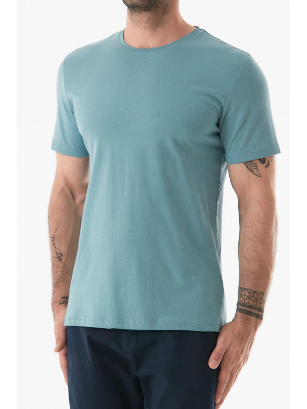 Yeşil Basic Bisiklet Yaka %100 Pamuk Tişört-4