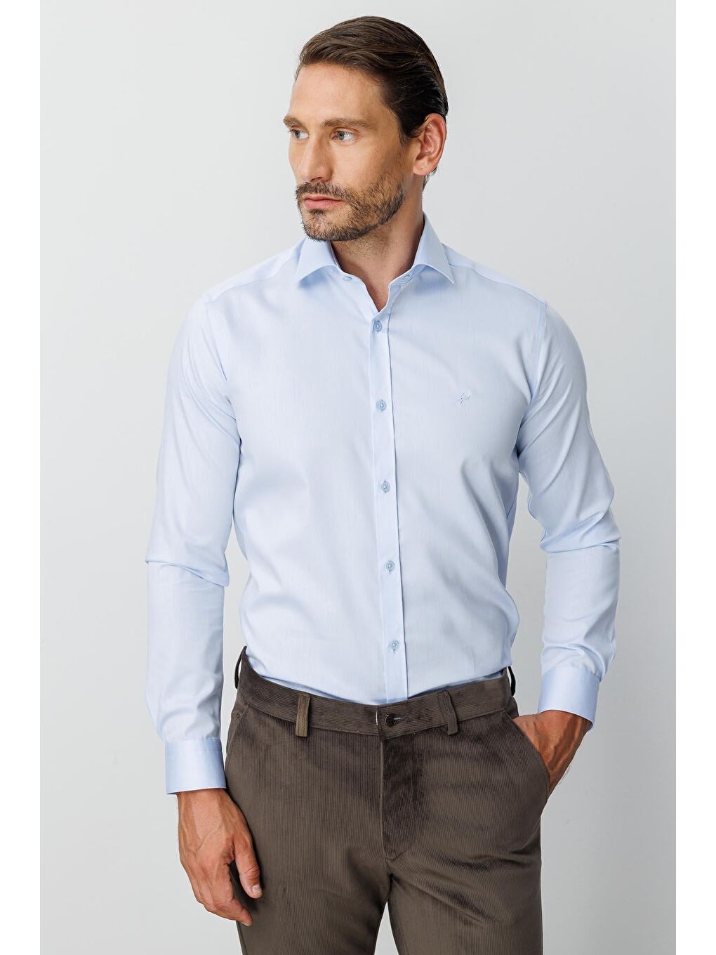 Mavi Slim Fit Dar Kalıp Klasik Yaka Düz Uzun Kollu Cepsiz %100 Pamuk Non Iron Ütü İstemeyen Gömlek-2