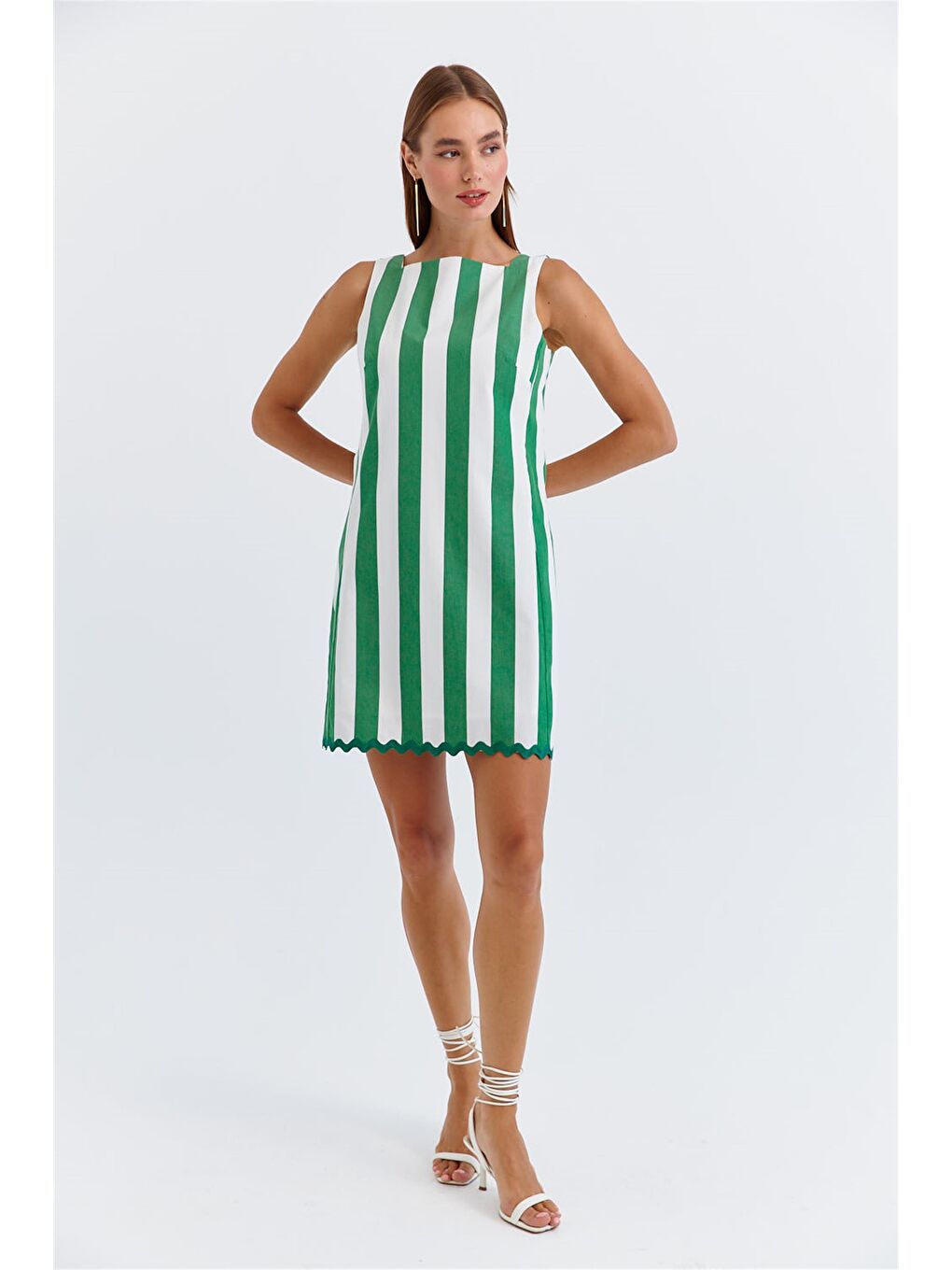 Çizgili Askılı Yeşil Mini Elbise-3
