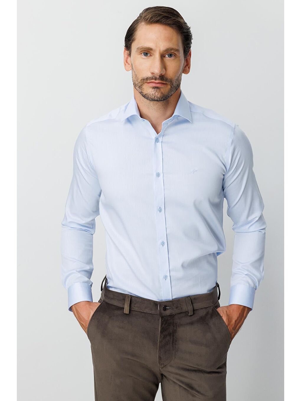 Mavi Slim Fit Dar Kalıp Klasik Yaka Düz Uzun Kollu Cepsiz %100 Pamuk Non Iron Ütü İstemeyen Gömlek-3