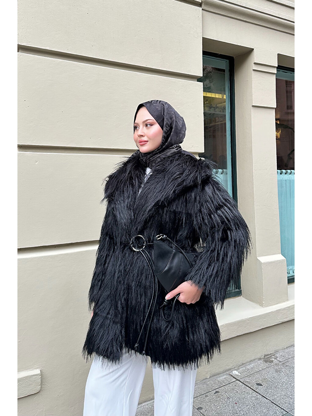 Kadın Halka Kemer Detay Kaban Siyah-2