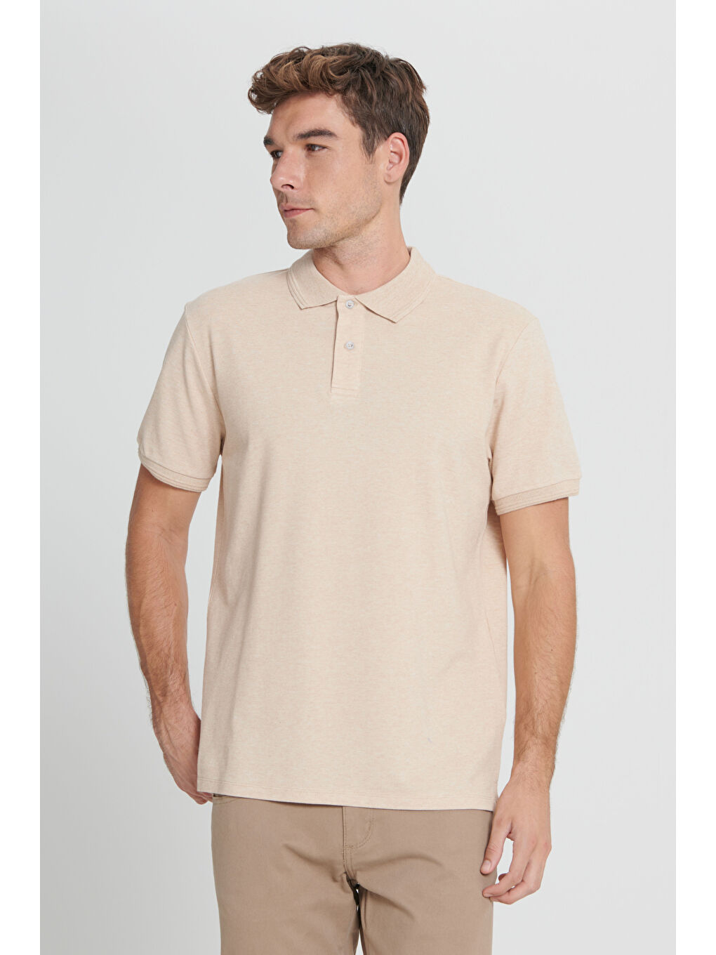 Kahverengi Erkek Sütlü Kahve-Ekru Slim Fit Dar Kesim %100 Pamuk Polo Yaka Tişört