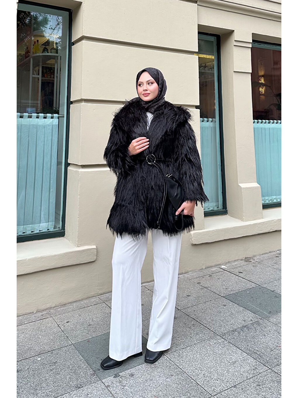 Kadın Halka Kemer Detay Kaban Siyah-3