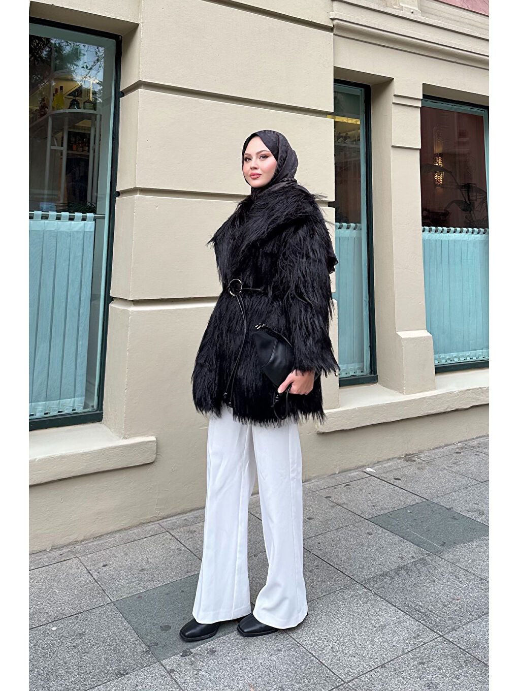 Kadın Halka Kemer Detay Kaban Siyah-4