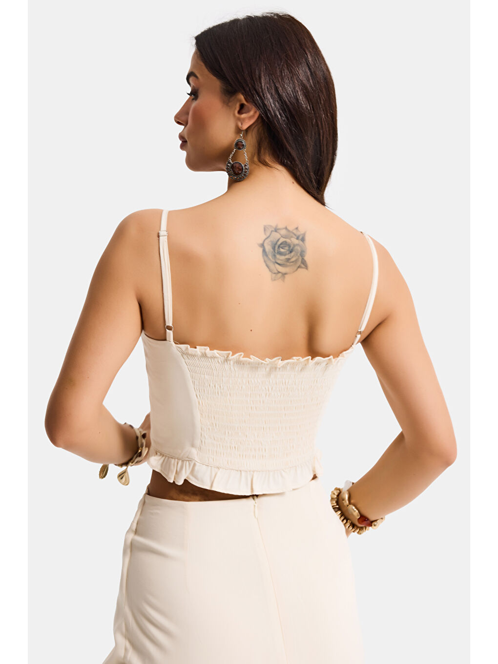 Kadın Bej s6-57 Crop Aksesuar Askılı Poliviskon Bluz-2