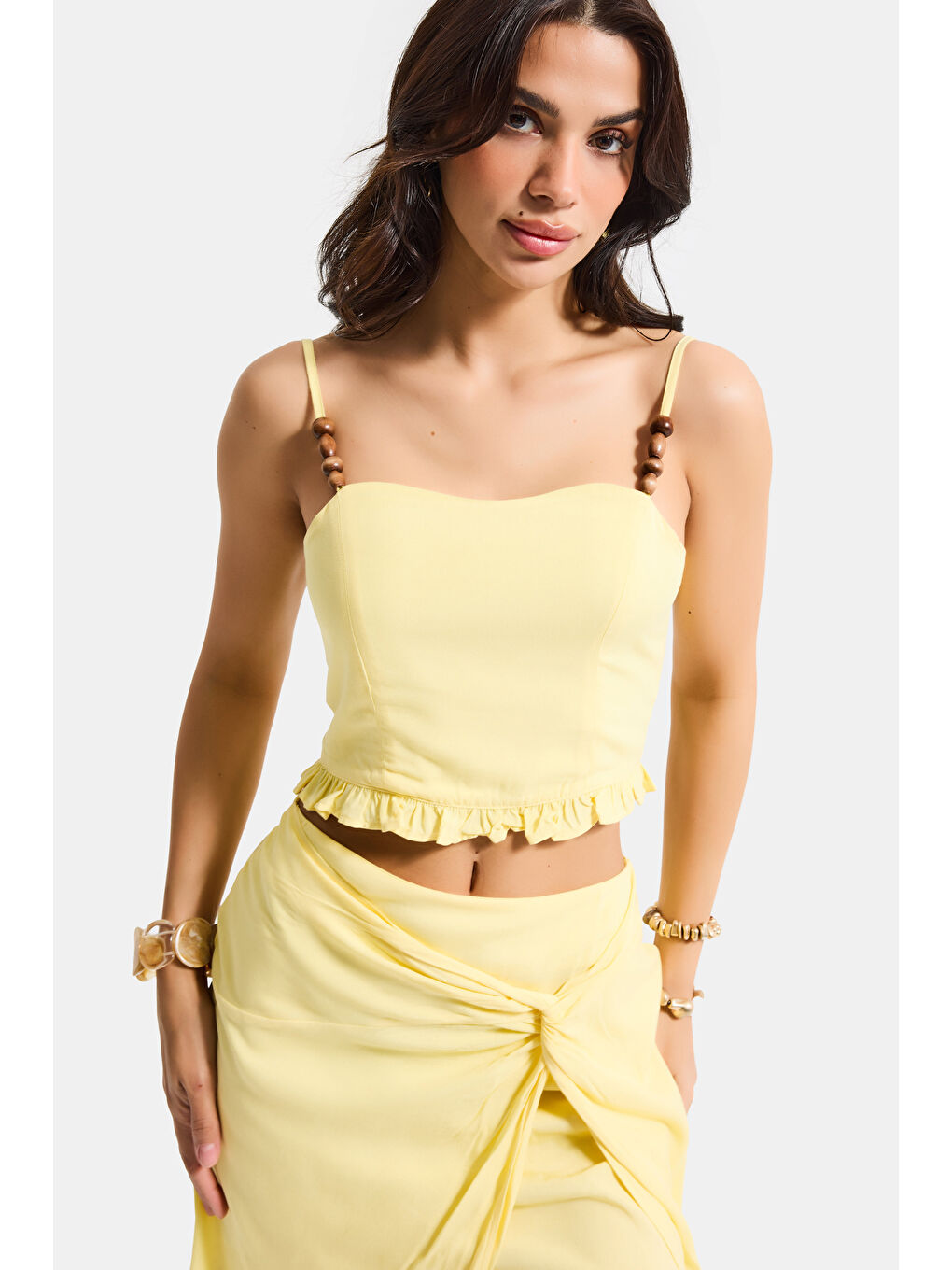 Kadın Sarı s6-108 Crop Aksesuar Askılı Poliviskon Bluz-1