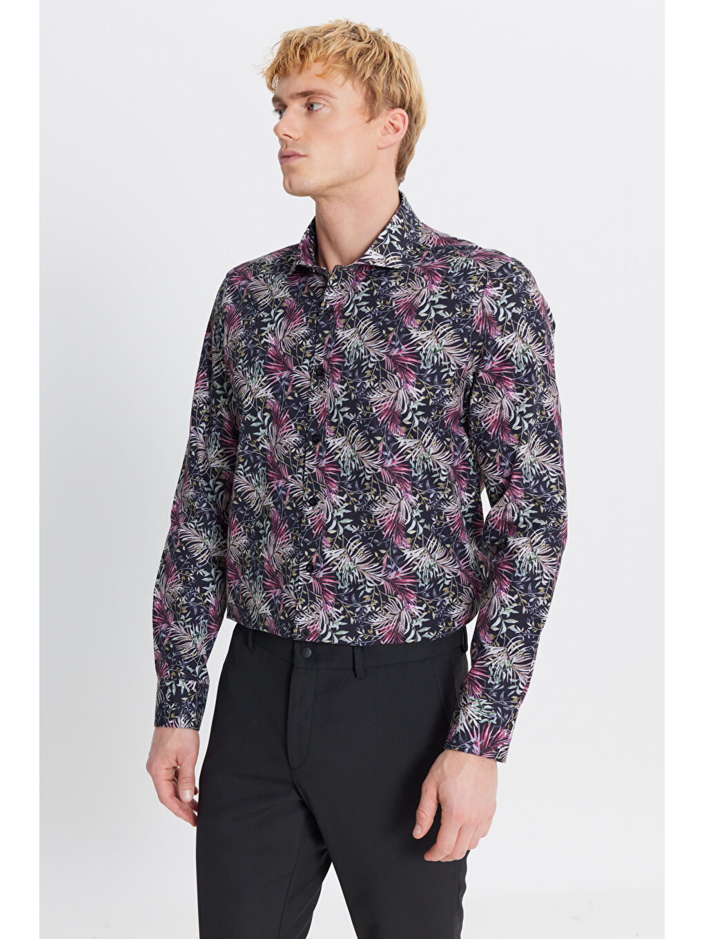 Kırmızı Erkek %100 Pamuk Slim Fit Büyük İtalyan Yaka Baskılı Gömlek