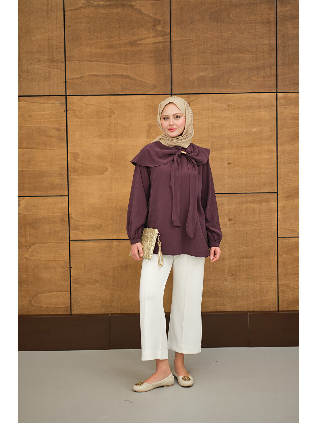 Kadın Fular Yaka Cupra Gömlek Mürdüm-1