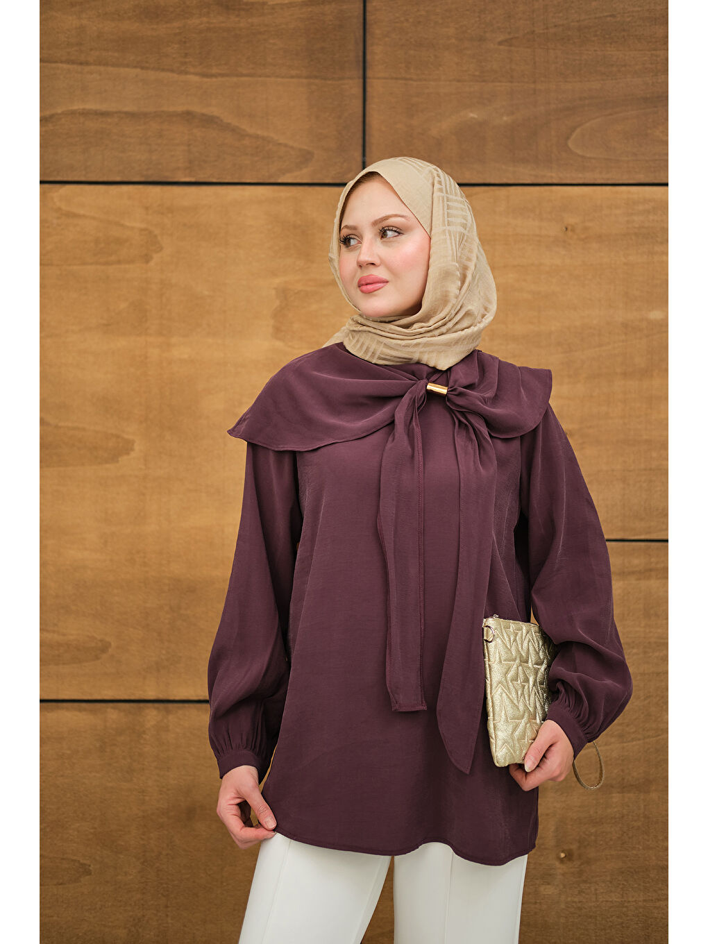 Kadın Fular Yaka Cupra Gömlek Mürdüm-2