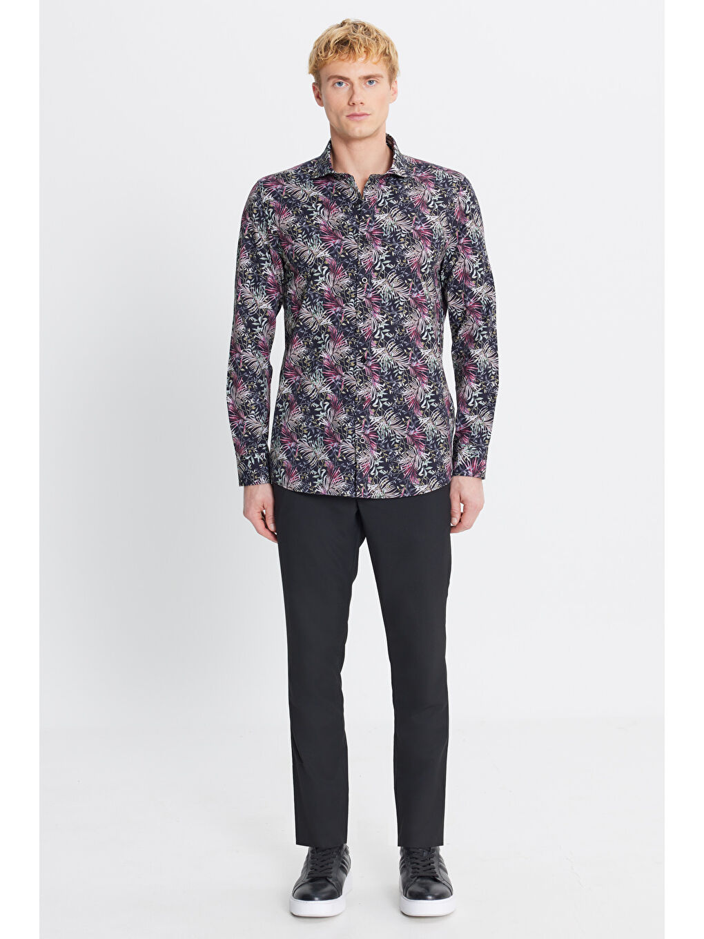 Kırmızı Erkek %100 Pamuk Slim Fit Büyük İtalyan Yaka Baskılı Gömlek-1