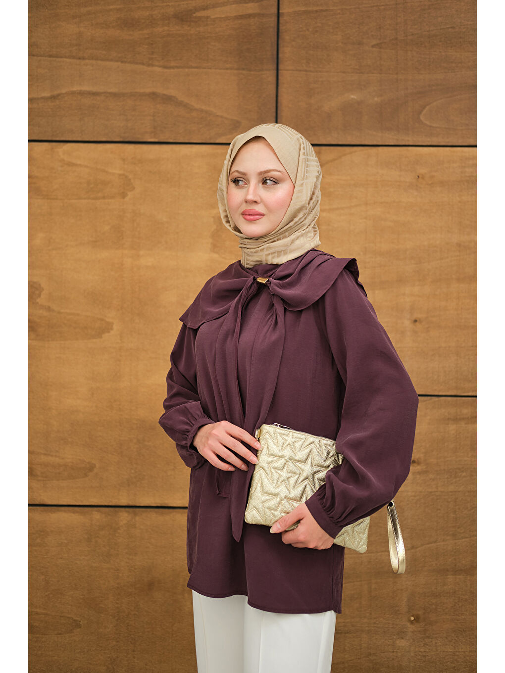 Kadın Fular Yaka Cupra Gömlek Mürdüm-3