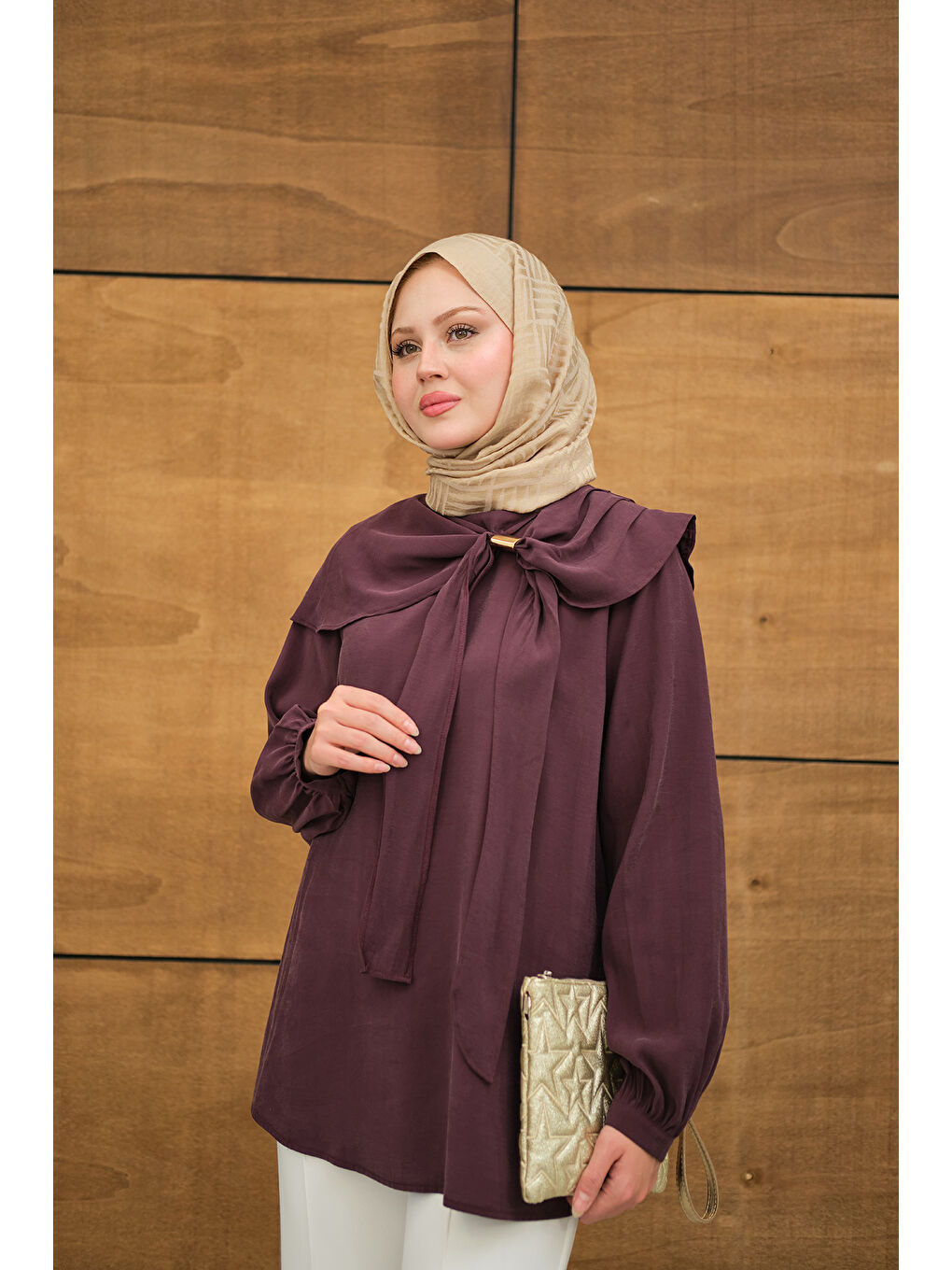 Kadın Fular Yaka Cupra Gömlek Mürdüm-4