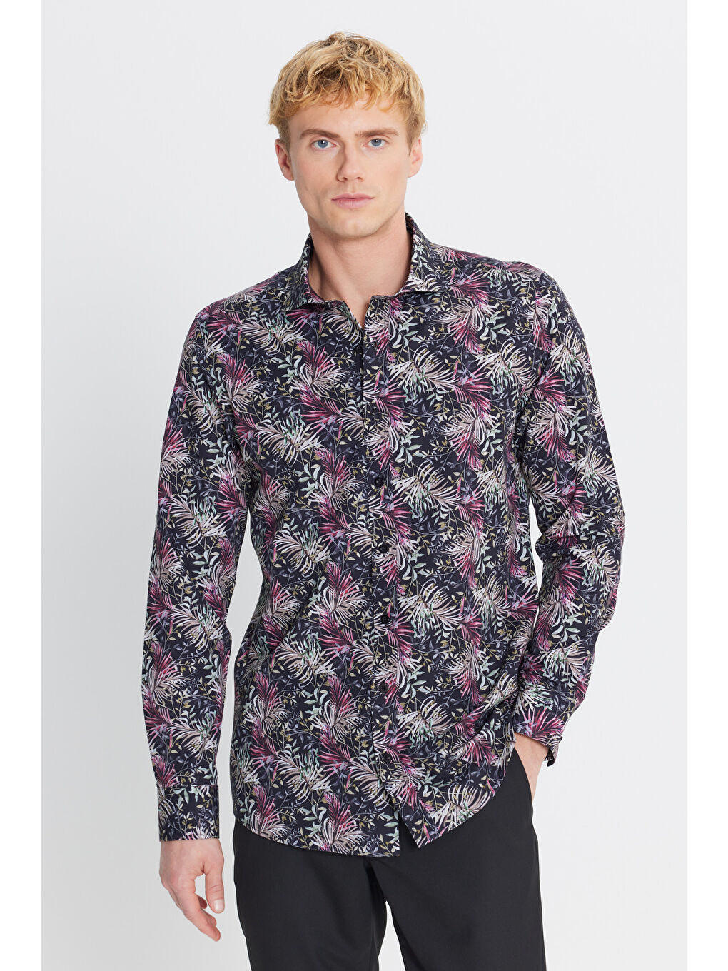 Kırmızı Erkek %100 Pamuk Slim Fit Büyük İtalyan Yaka Baskılı Gömlek-2