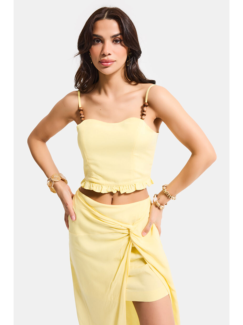 Kadın Sarı s6-108 Crop Aksesuar Askılı Poliviskon Bluz-4