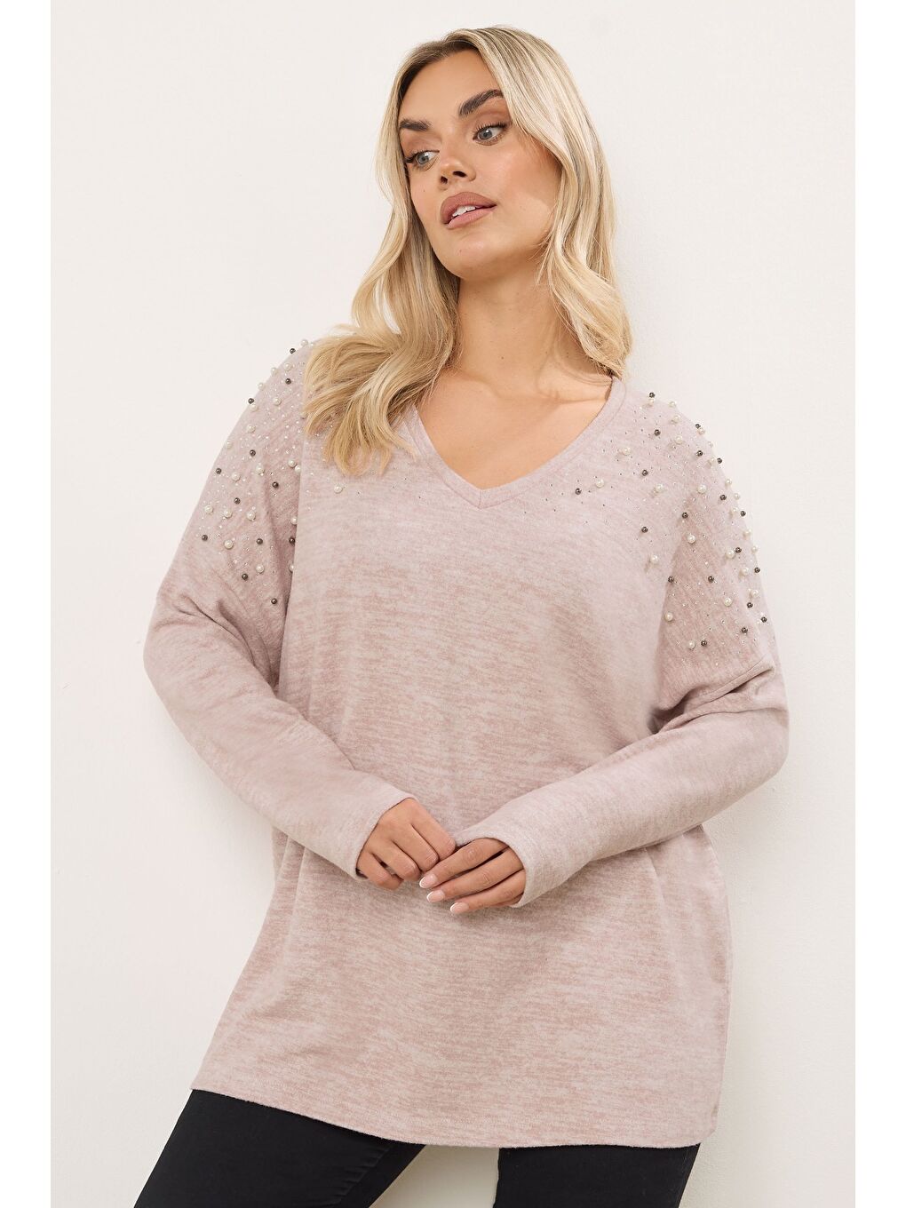 Pembe Büyük Beden V Yaka Uzun Kollu Boncuklu Pelüş Sweatshirt 285055-1