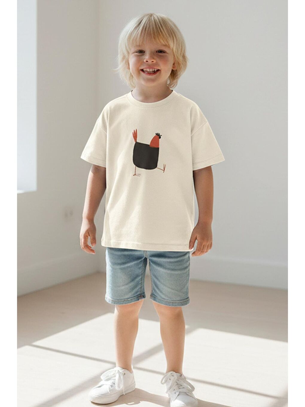 Bej Unisex Çocuk Pamuklu Bisiklet Yaka Baskılı T-Shirt