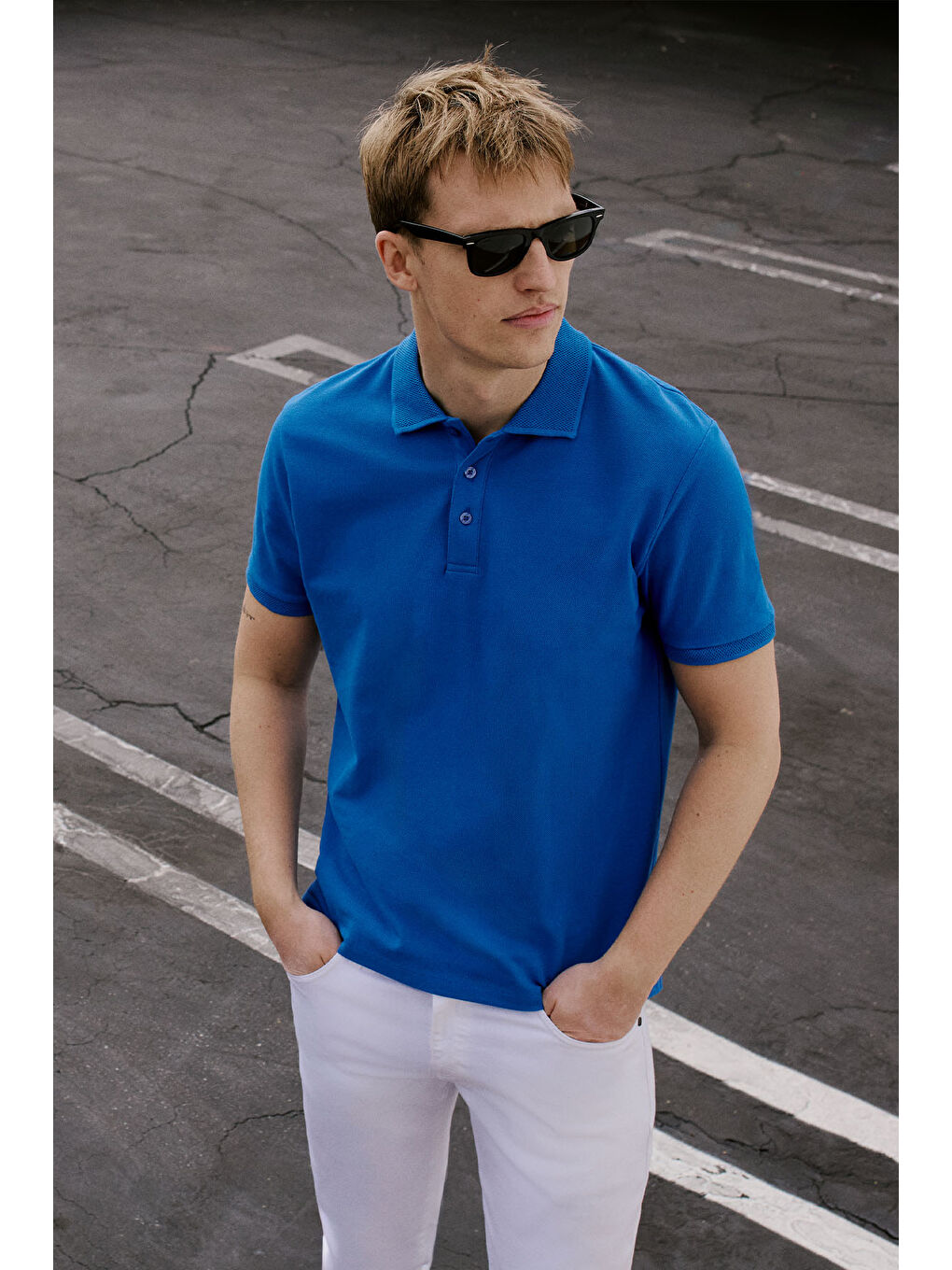 Erkek Royal Mavi Slim Fit Dar Kesim Polo Yaka %100 Pamuk Kısa Kollu Tişört-5