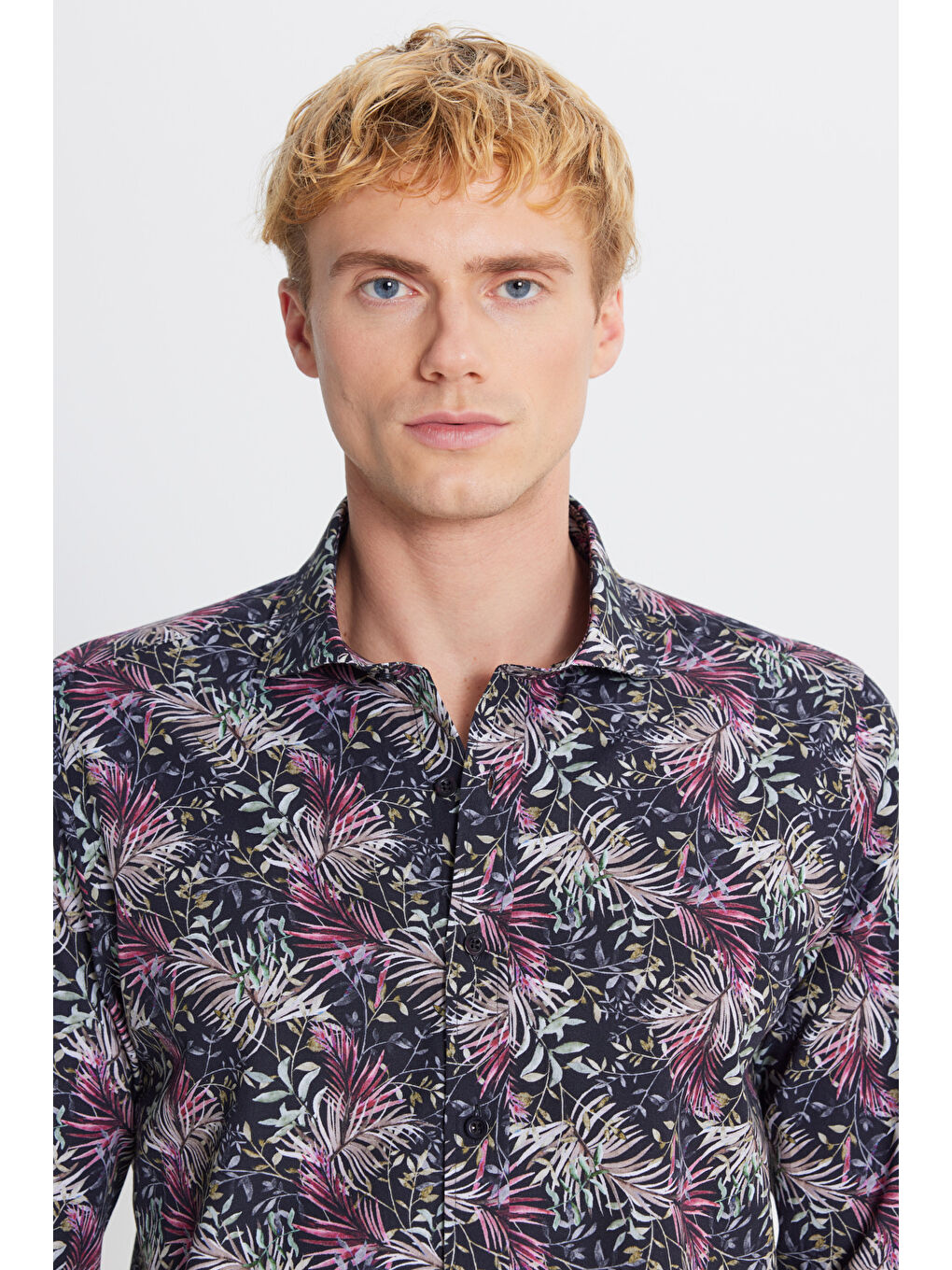 Kırmızı Erkek %100 Pamuk Slim Fit Büyük İtalyan Yaka Baskılı Gömlek-3