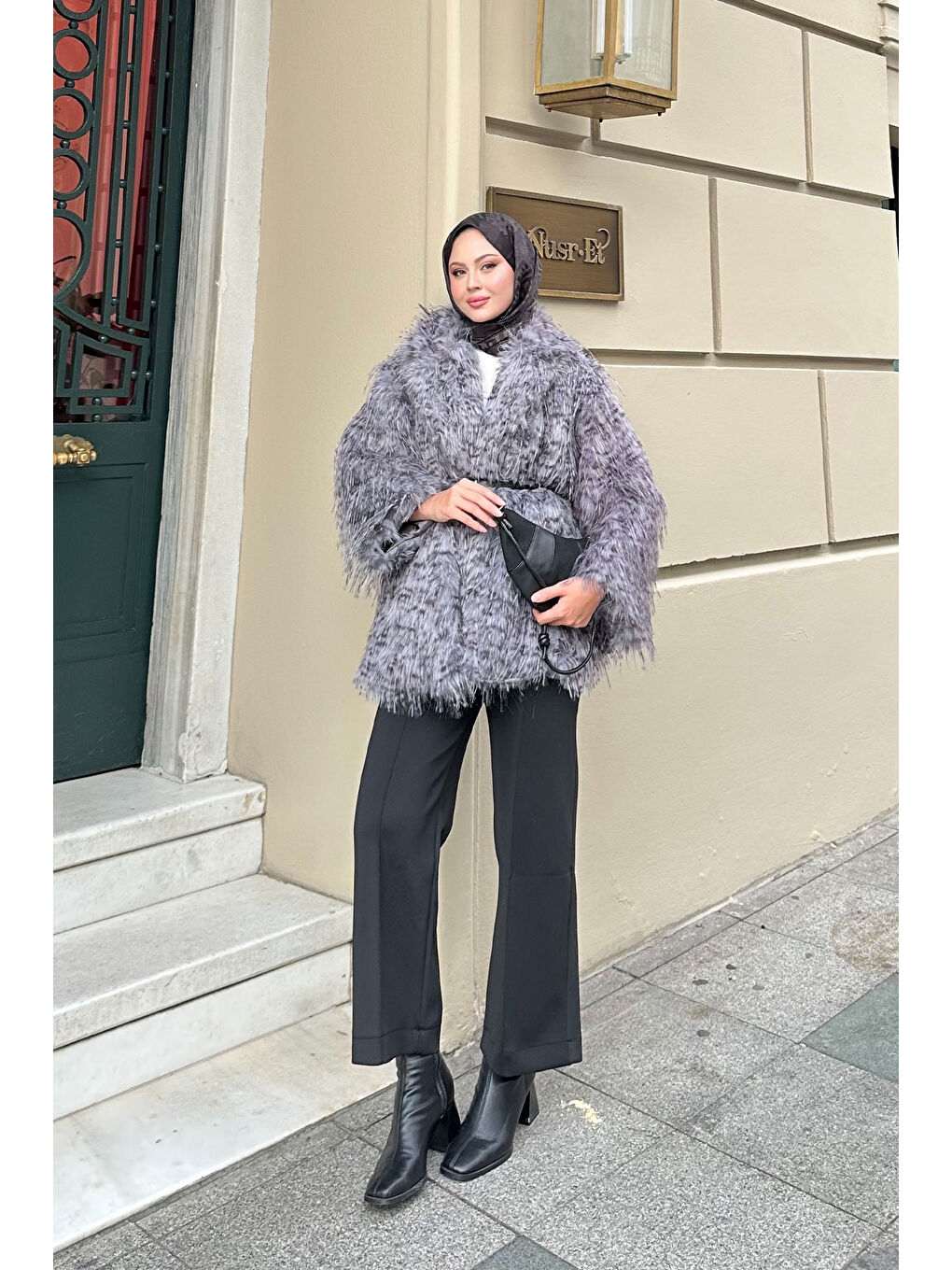 Kadın Leopar Kemer Detay Kürk Gri-1