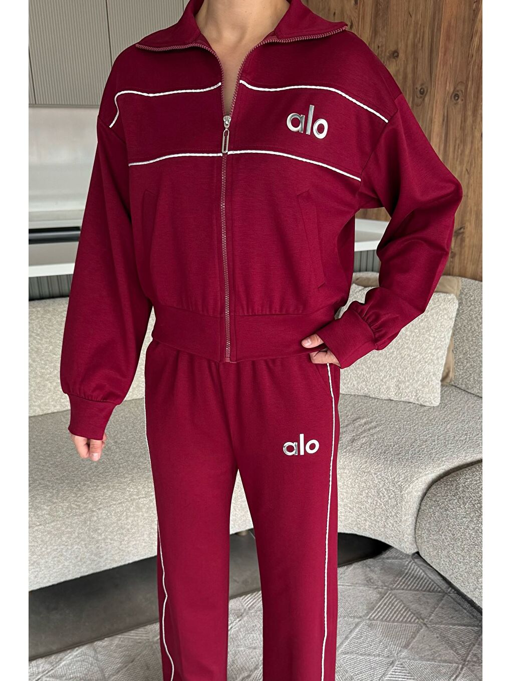 Bordo Kadın Şeritli Bel Lastikli Palazzo Pantolon Fermuarlı Sweat İkili Takım-1