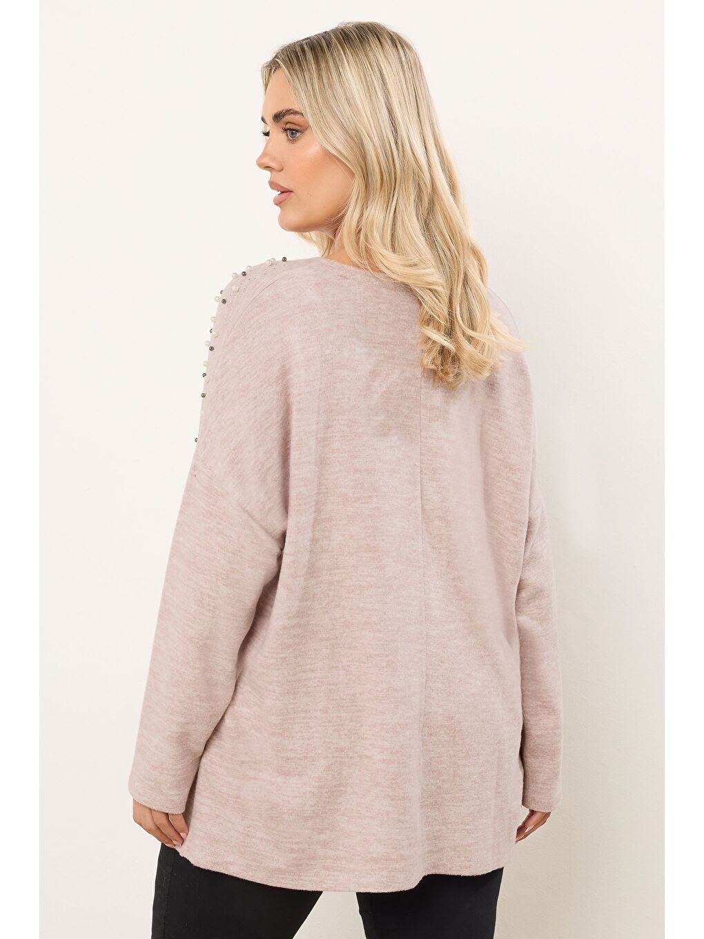 Pembe Büyük Beden V Yaka Uzun Kollu Boncuklu Pelüş Sweatshirt 285055-4