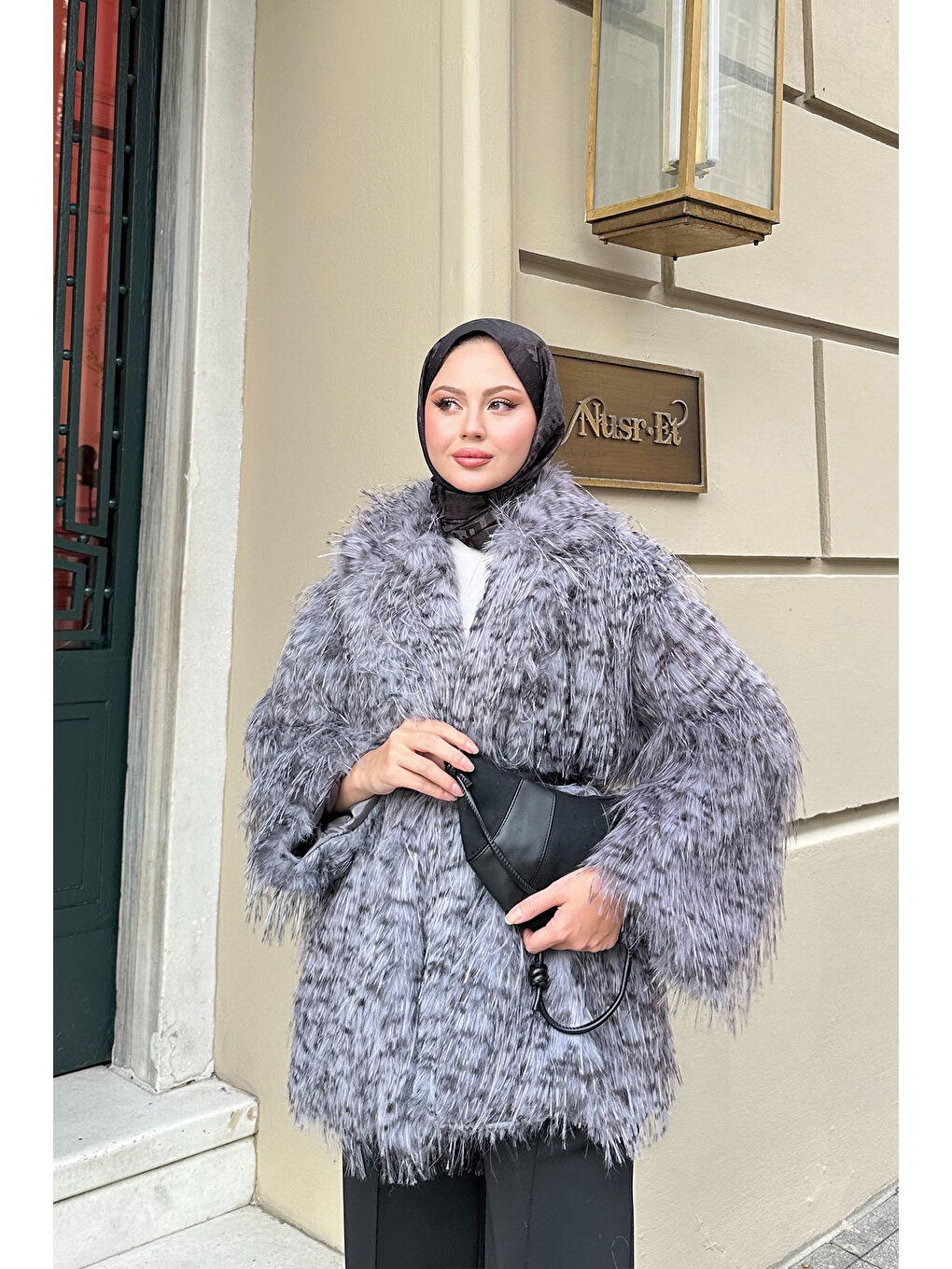 Kadın Leopar Kemer Detay Kürk Gri-2