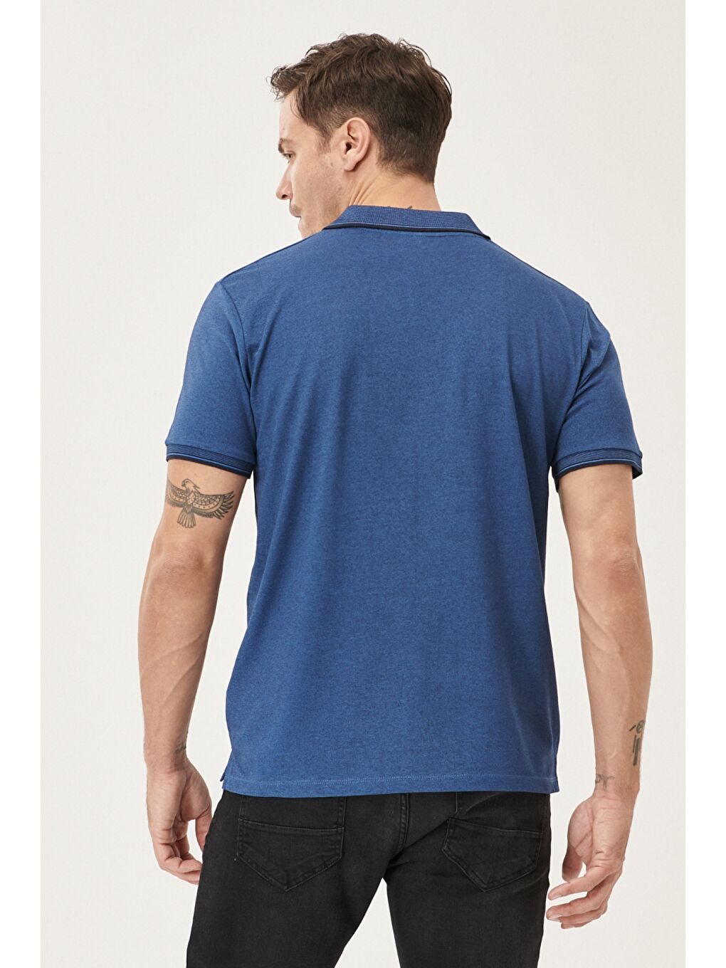 Erkek Lacivert-İndigo Pamuklu Comfort Fit Rahat Kesim Polo Yaka Cepli Tişört-3