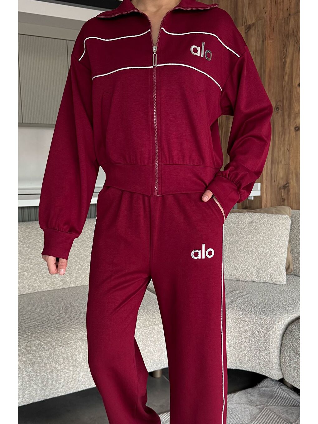 Bordo Kadın Şeritli Bel Lastikli Palazzo Pantolon Fermuarlı Sweat İkili Takım-2
