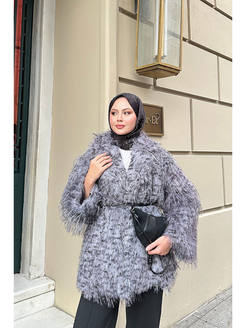 Kadın Leopar Kemer Detay Kürk Gri-3