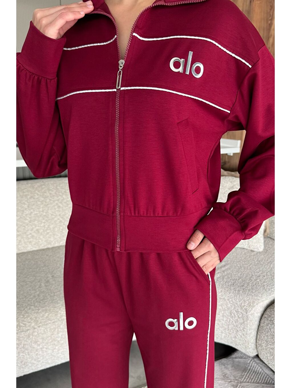 Bordo Kadın Şeritli Bel Lastikli Palazzo Pantolon Fermuarlı Sweat İkili Takım-3