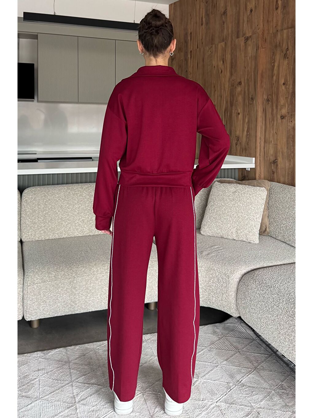 Bordo Kadın Şeritli Bel Lastikli Palazzo Pantolon Fermuarlı Sweat İkili Takım-4