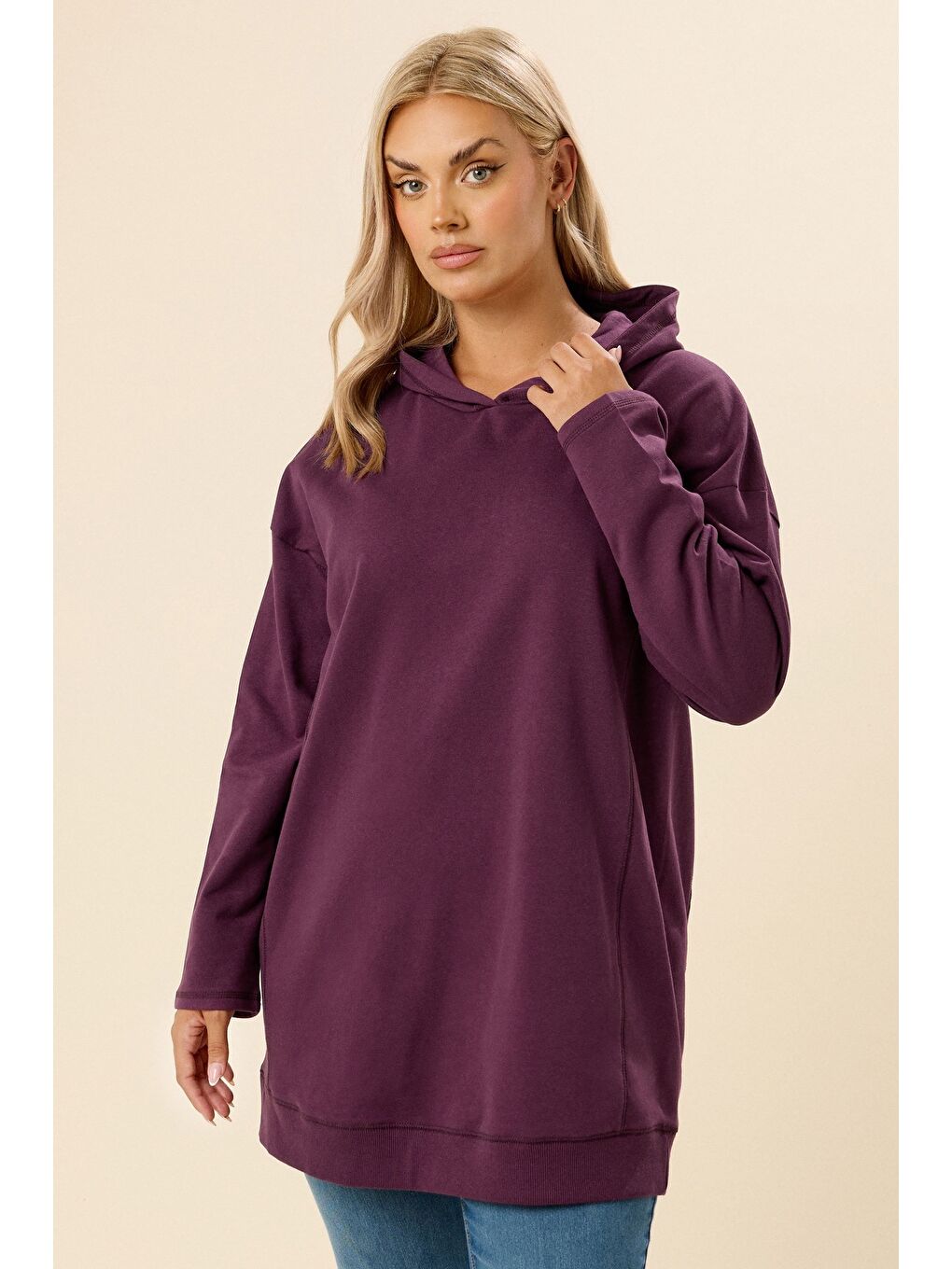 Mor Büyük Beden Kapüşonlu Uzun Kollu Sweatshirt 304288