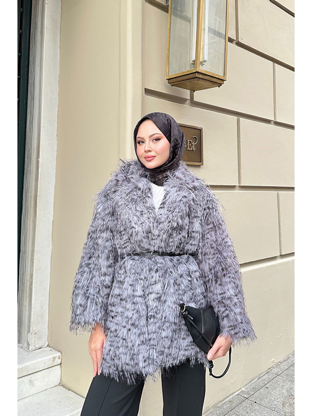 Kadın Leopar Kemer Detay Kürk Gri-4