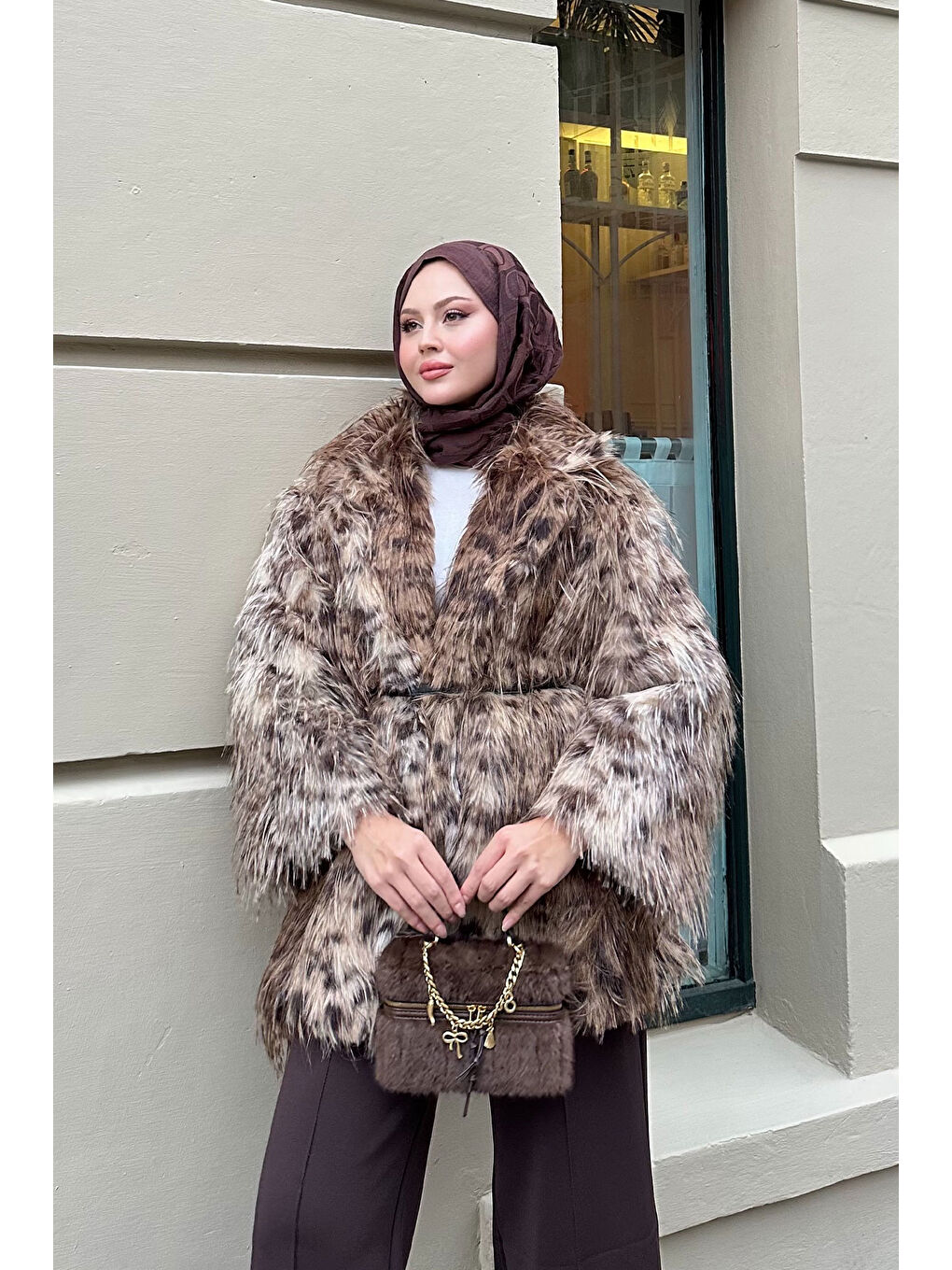 Kadın Leopar Kemer Detay Kürk Kahverengi-1