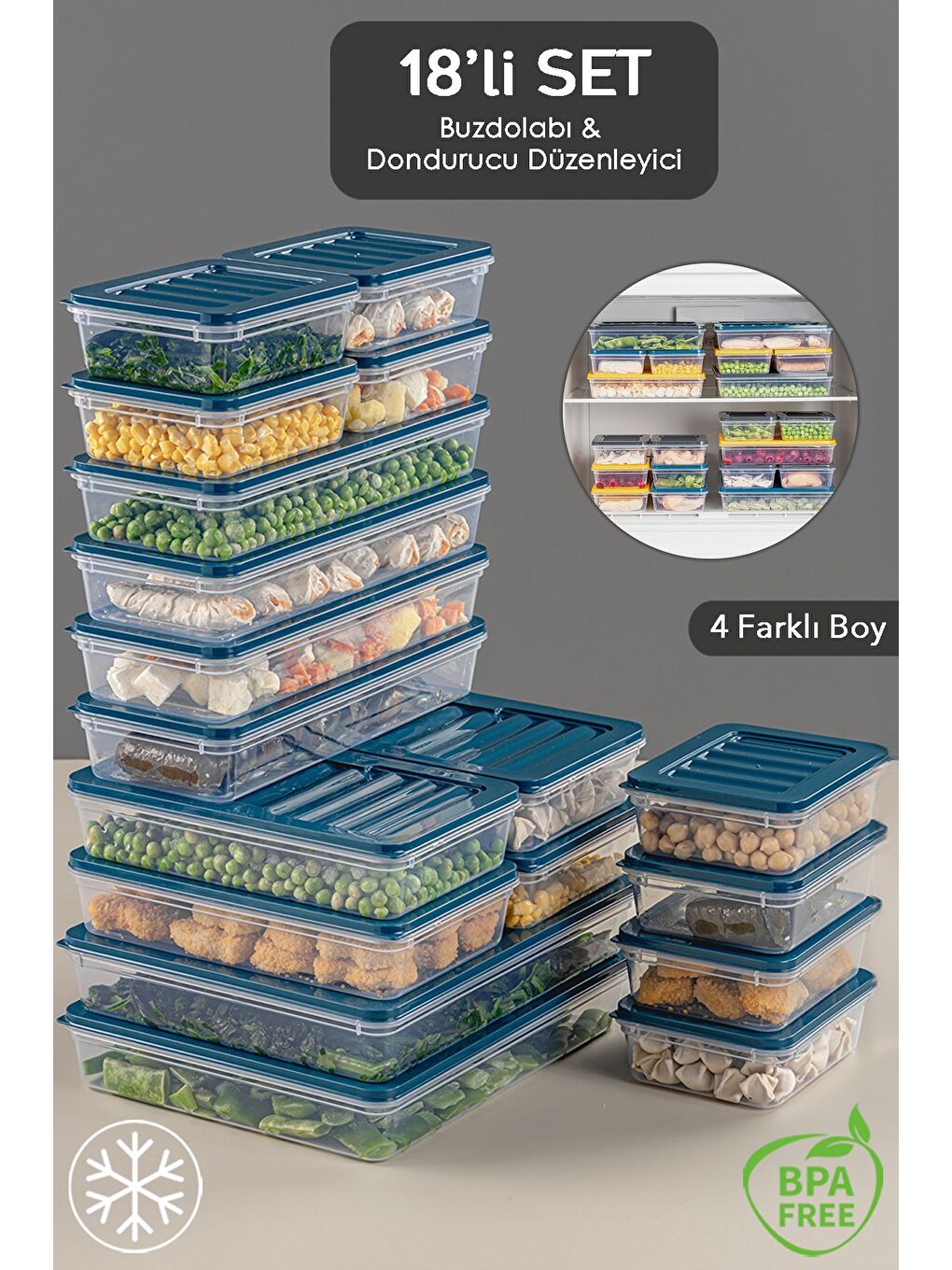 Mavi 18 Parça Saklama Kabı 2x2400 ml 4x1200 ml 4x1170 ml 8x600 ml Petrol