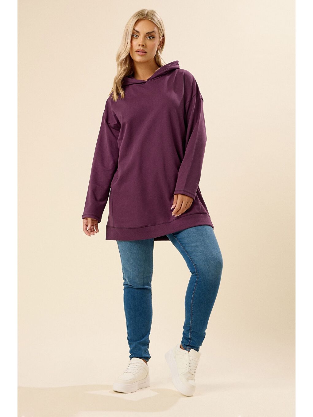Mor Büyük Beden Kapüşonlu Uzun Kollu Sweatshirt 304288-1
