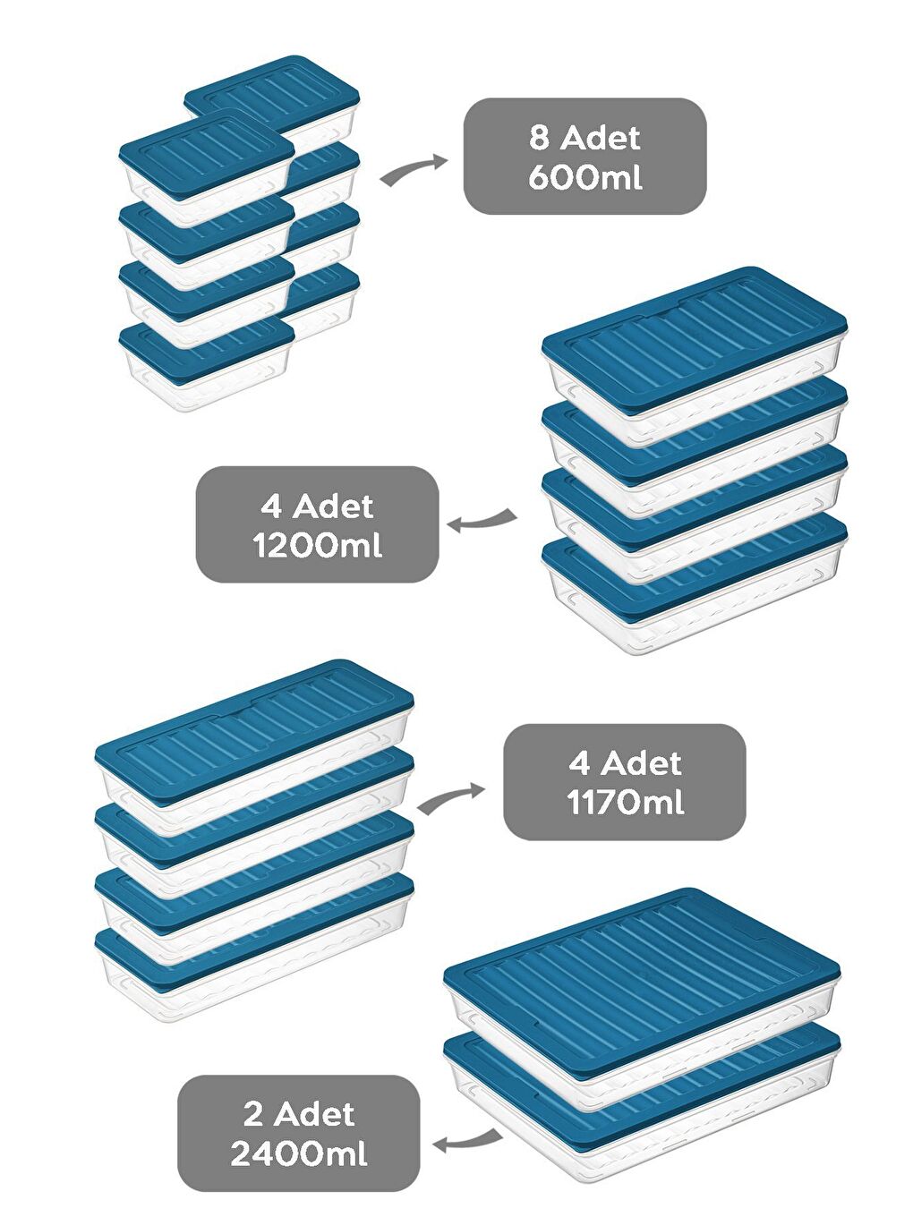 Mavi 18 Parça Saklama Kabı 2x2400 ml 4x1200 ml 4x1170 ml 8x600 ml Petrol-1