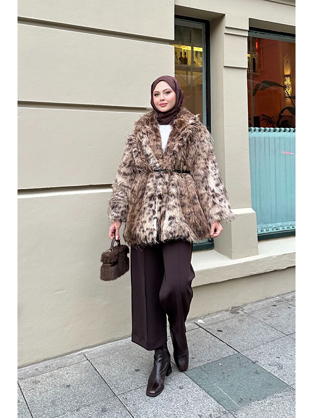 Kadın Leopar Kemer Detay Kürk Kahverengi-2