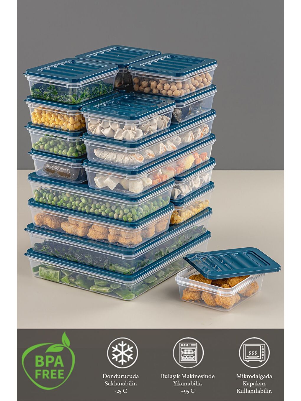 Mavi 18 Parça Saklama Kabı 2x2400 ml 4x1200 ml 4x1170 ml 8x600 ml Petrol-2