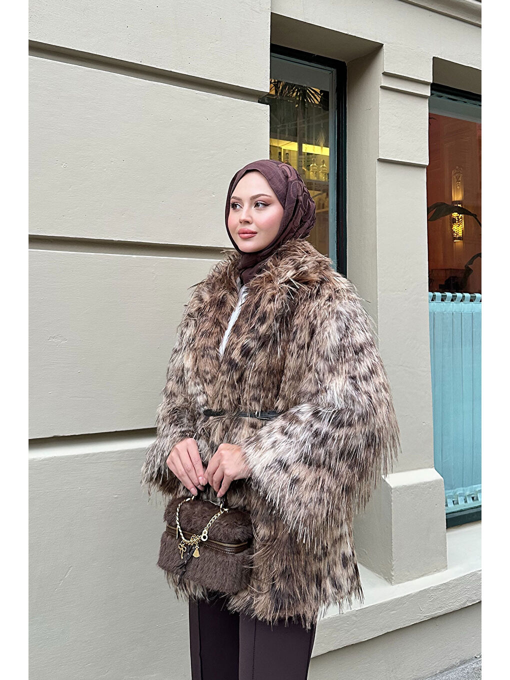 Kadın Leopar Kemer Detay Kürk Kahverengi-3