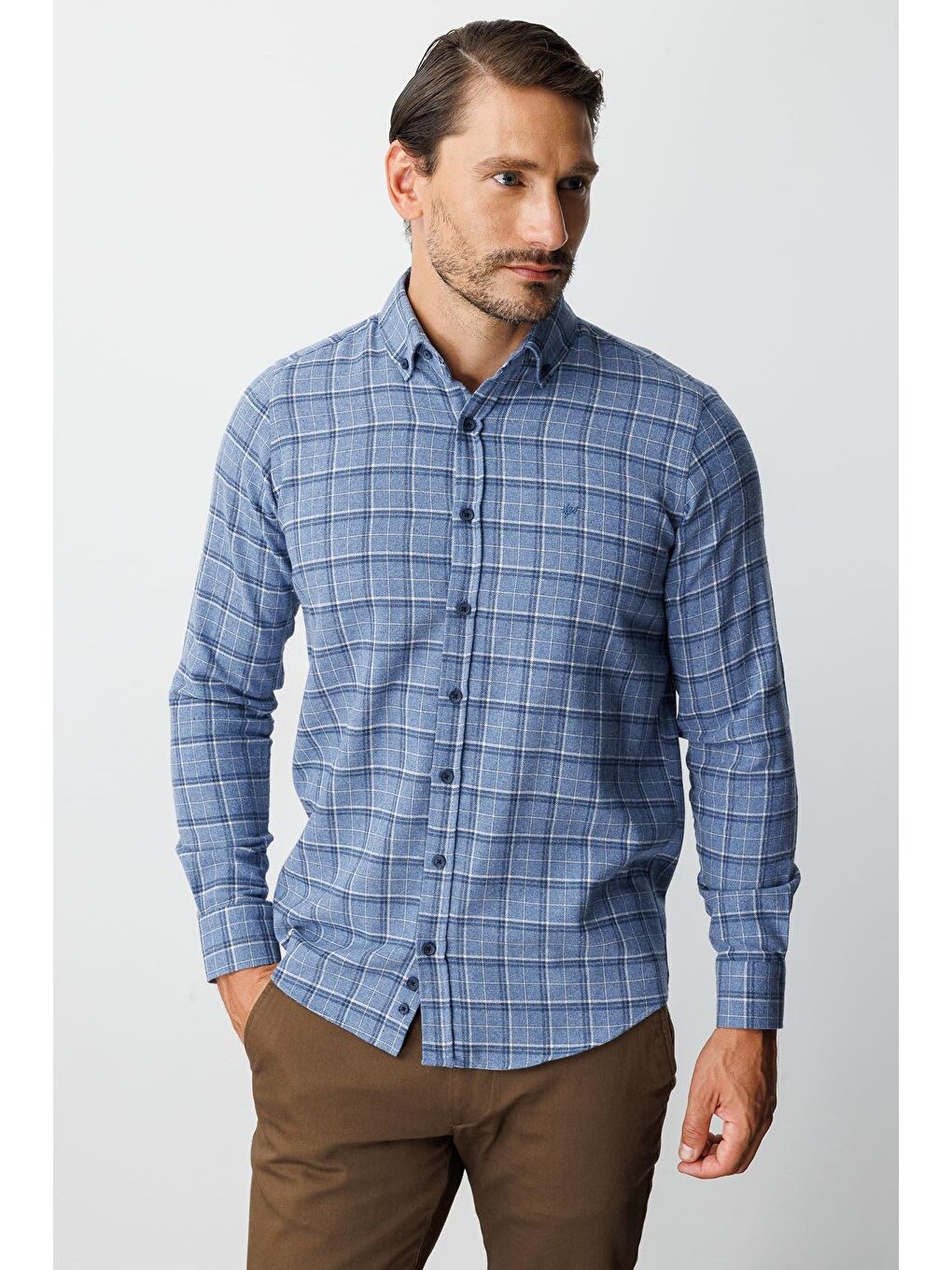 Mavi Dynamic Fit  Düğmeli Yaka  Ekose Uzun Kollu Pamuklu Gömlek