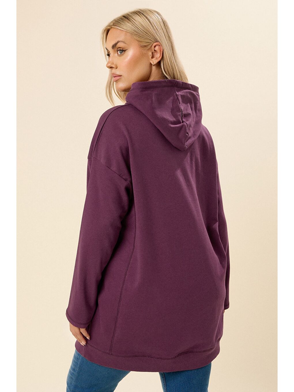 Mor Büyük Beden Kapüşonlu Uzun Kollu Sweatshirt 304288-4
