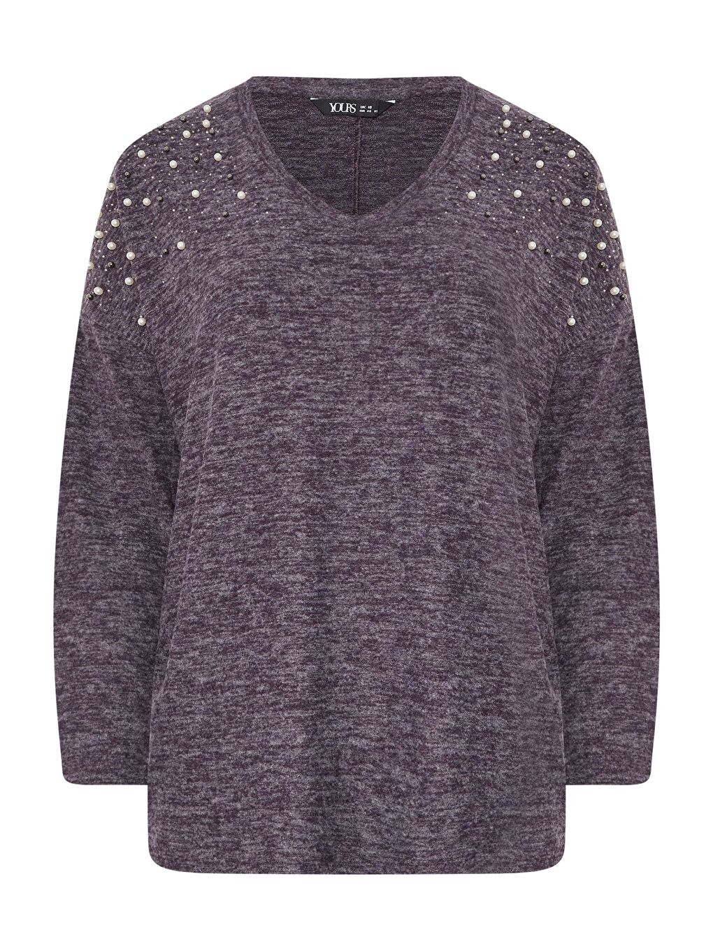 Mor Büyük Beden V Yaka Uzun Kollu Boncuklu Pelüş Sweatshirt 285054-5