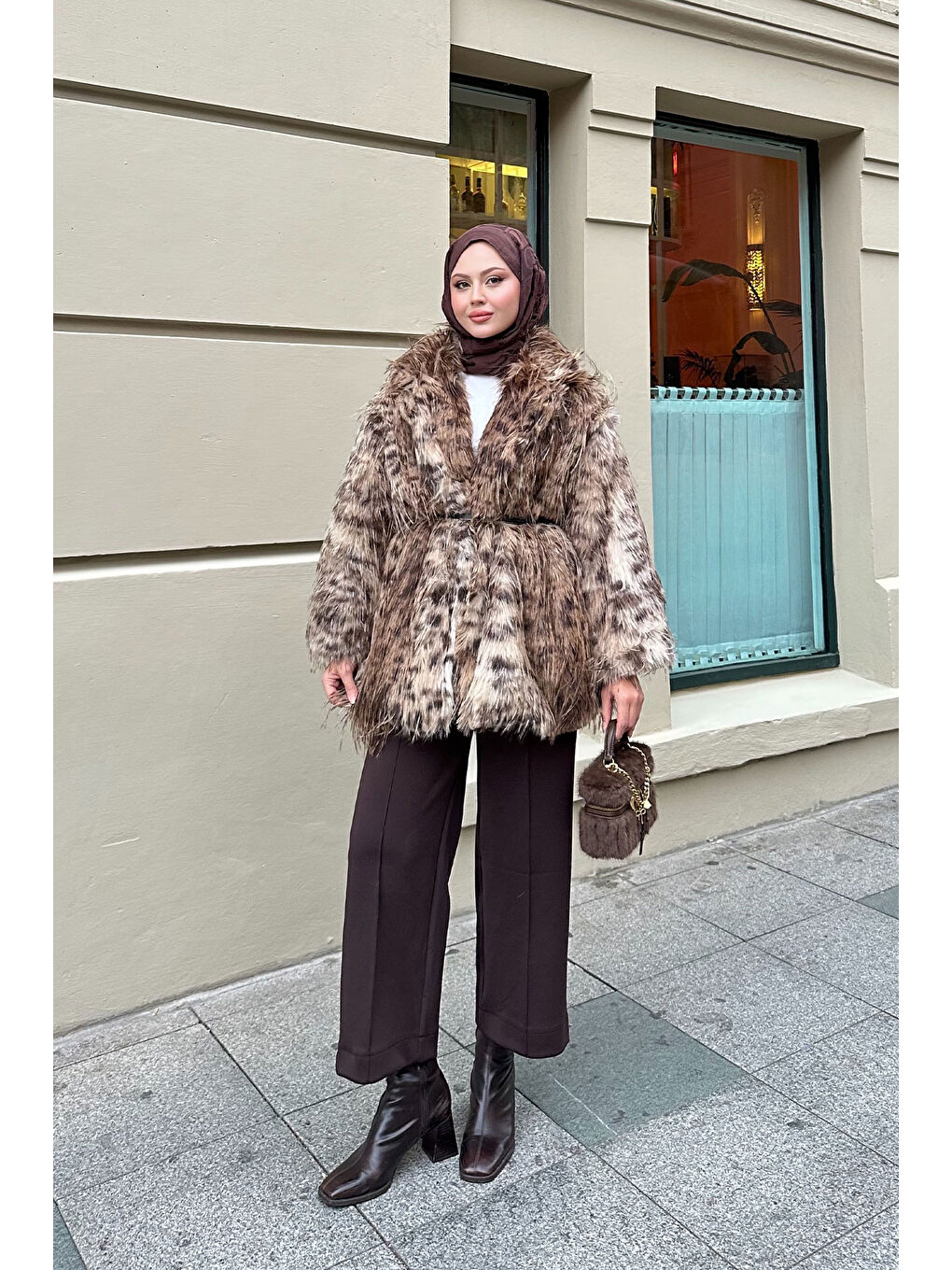 Kadın Leopar Kemer Detay Kürk Kahverengi-4