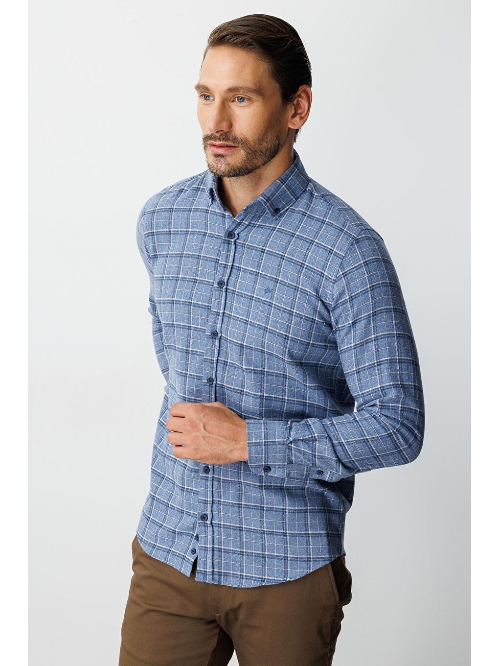 Mavi Dynamic Fit  Düğmeli Yaka  Ekose Uzun Kollu Pamuklu Gömlek-1