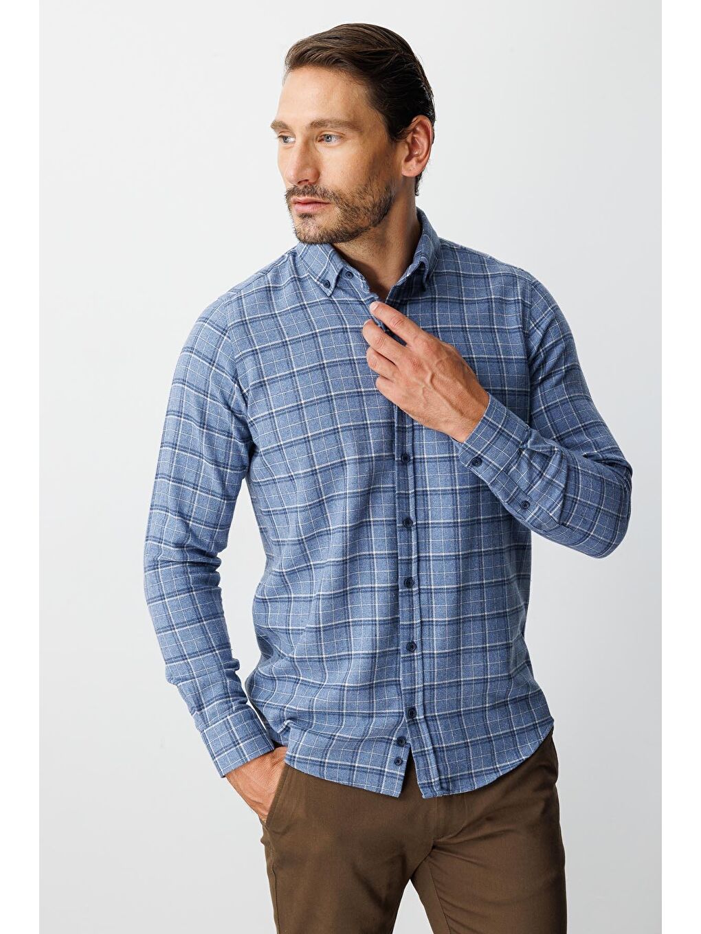 Mavi Dynamic Fit  Düğmeli Yaka  Ekose Uzun Kollu Pamuklu Gömlek-2
