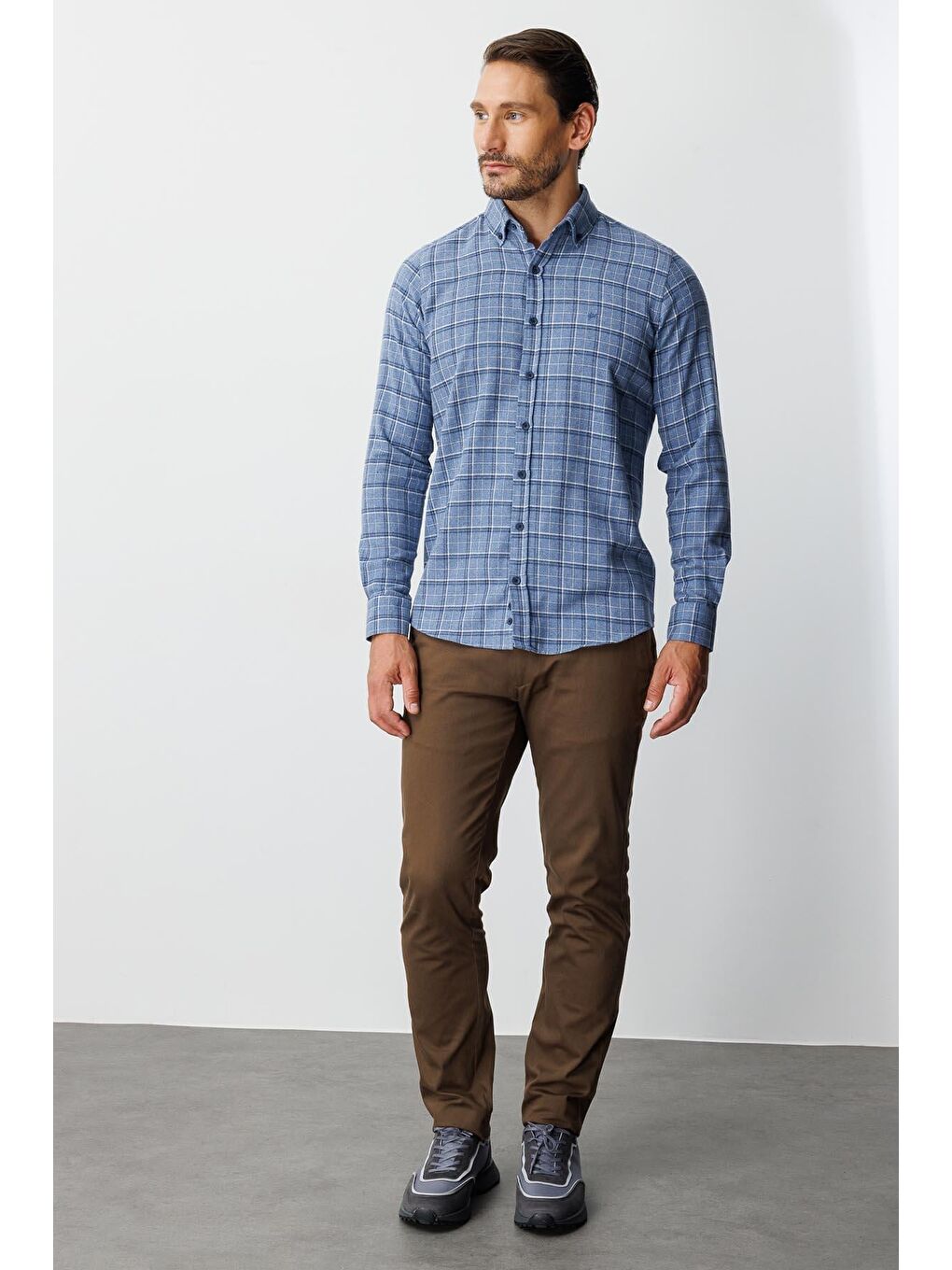 Mavi Dynamic Fit  Düğmeli Yaka  Ekose Uzun Kollu Pamuklu Gömlek-6