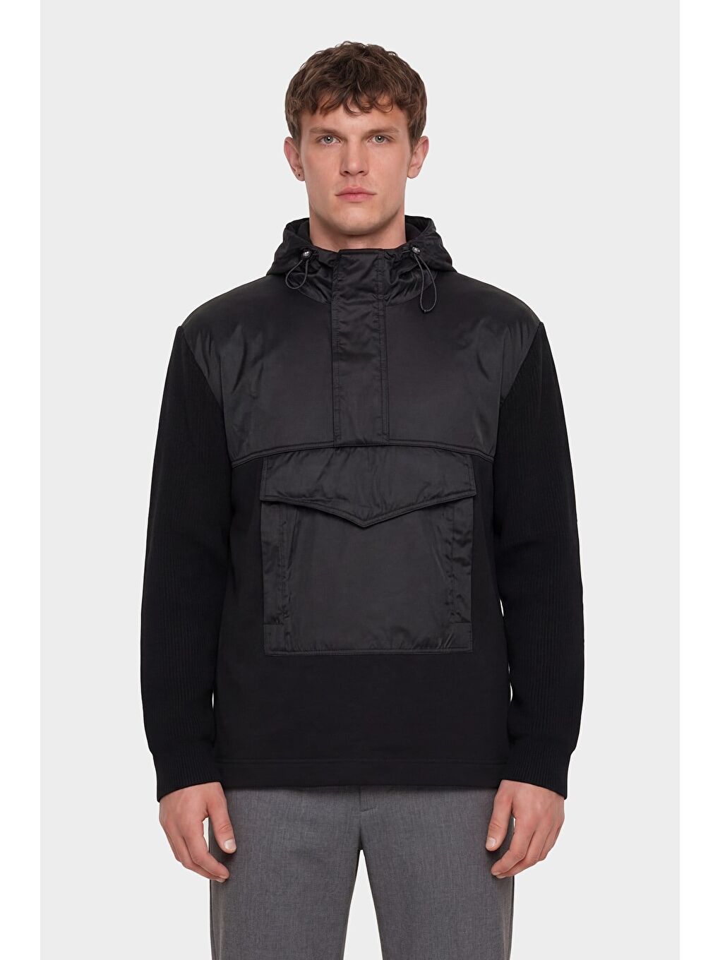 Giotelli Erkek Siyah Normal Kesim Regular Fit Fleto Kapaklı Cep Kapüşonlu Sweatshirt