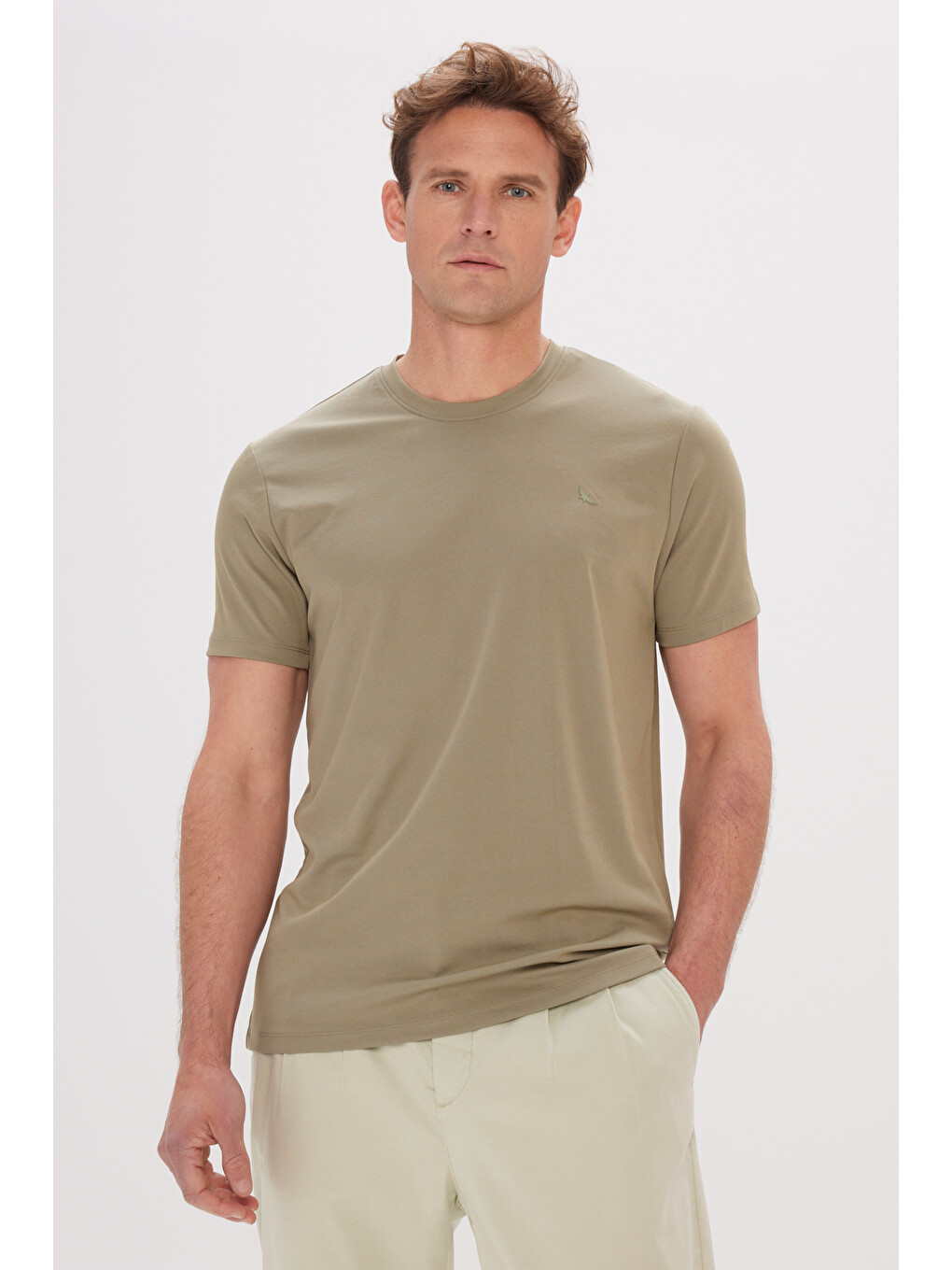 Erkek Haki Slim Fit Dar Kesim Bisiklet Yaka Pamuklu Tişört